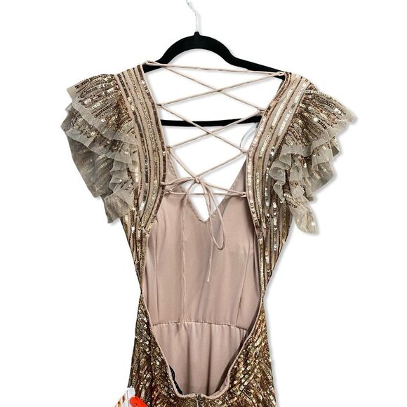 MAC DUGGAL Beige Sequined Cut Out Ruffled Cap Sleeve Lace Up Gown 5568 NWT 4 - Picture 6 of 15